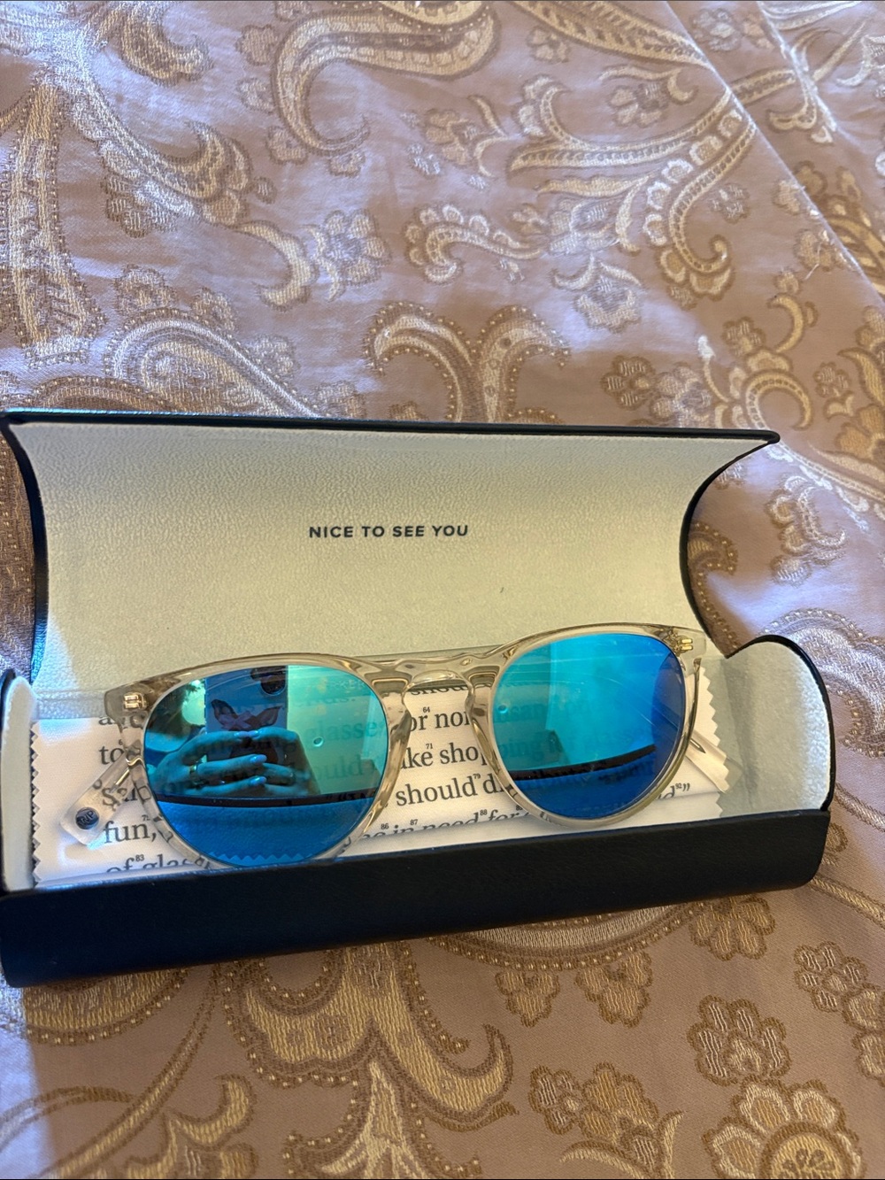 Warby Parker Haskell Blue Lens Round Sunglasses Crystal Frame